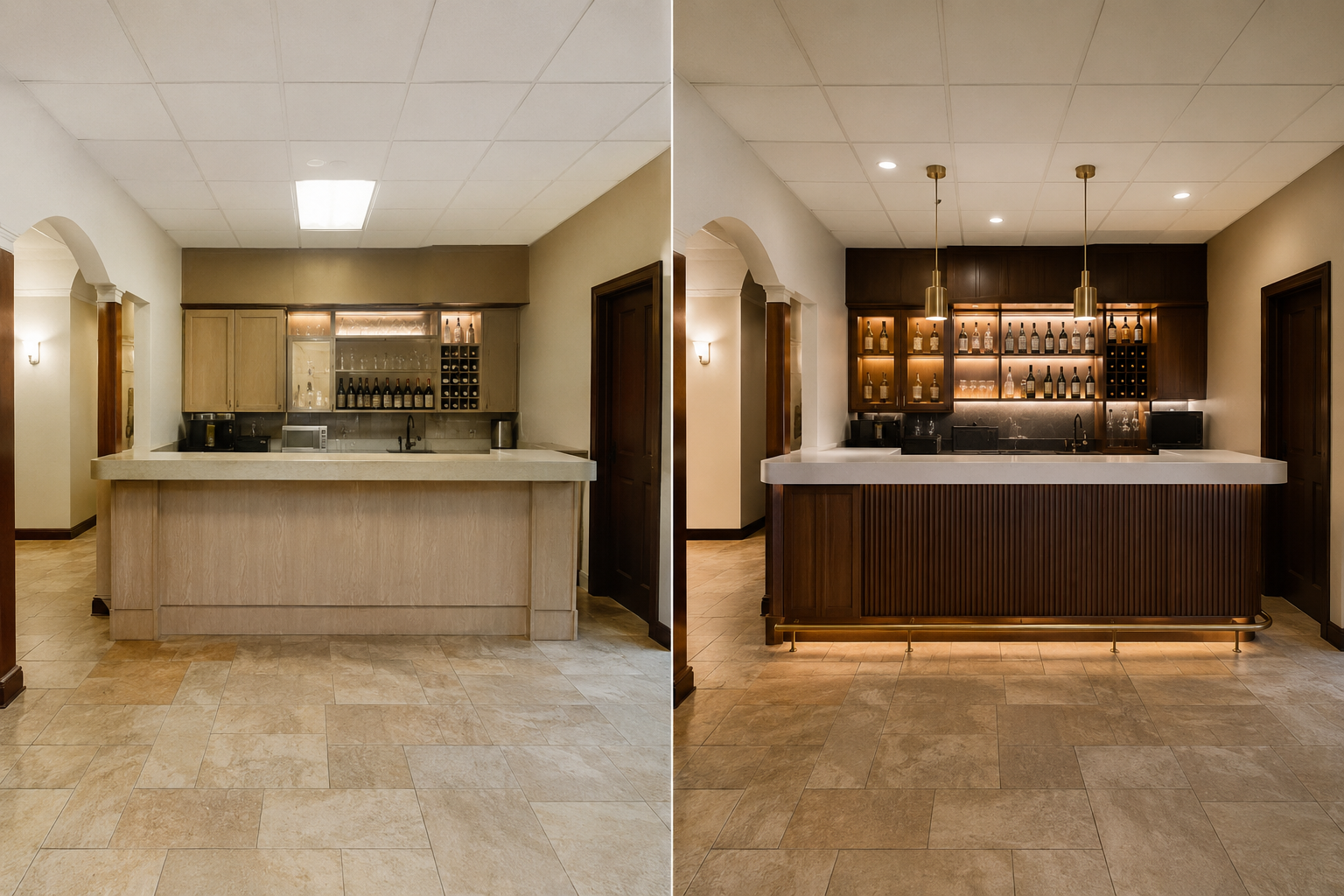 Before and after hotel bar concept transformation
